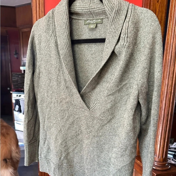 Eddie Bauer GUC heather green shawl collar neck wool blend sweater petite Medium - Picture 7 of 7